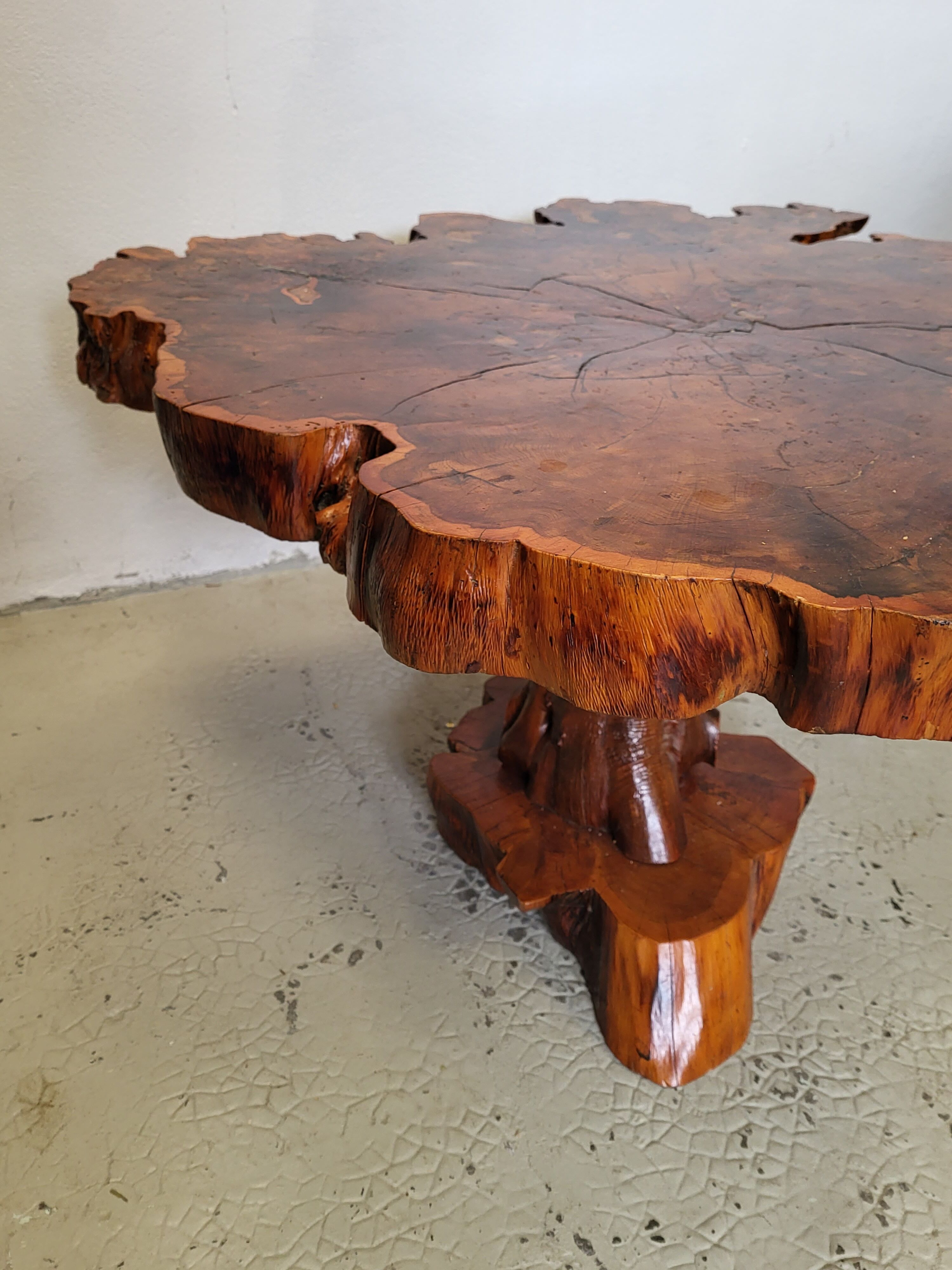 Brutalist table trunk old elm magnifying glass