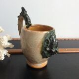 Mug cup with laughing face in sandstone Sylvain Sttublet vintage ceramic 1950