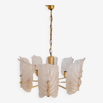 Large Mid-Century Eight-Arm Brass and Ice Glass Chandelier by Carl Fagerlund, 1960s