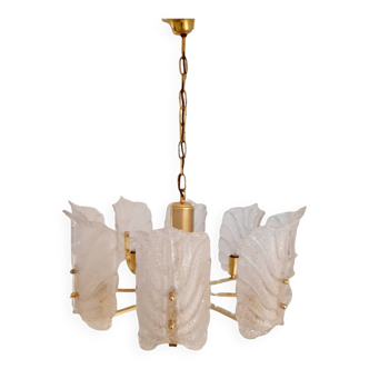 Large Mid-Century Eight-Arm Brass and Ice Glass Chandelier by Carl Fagerlund, 1960s