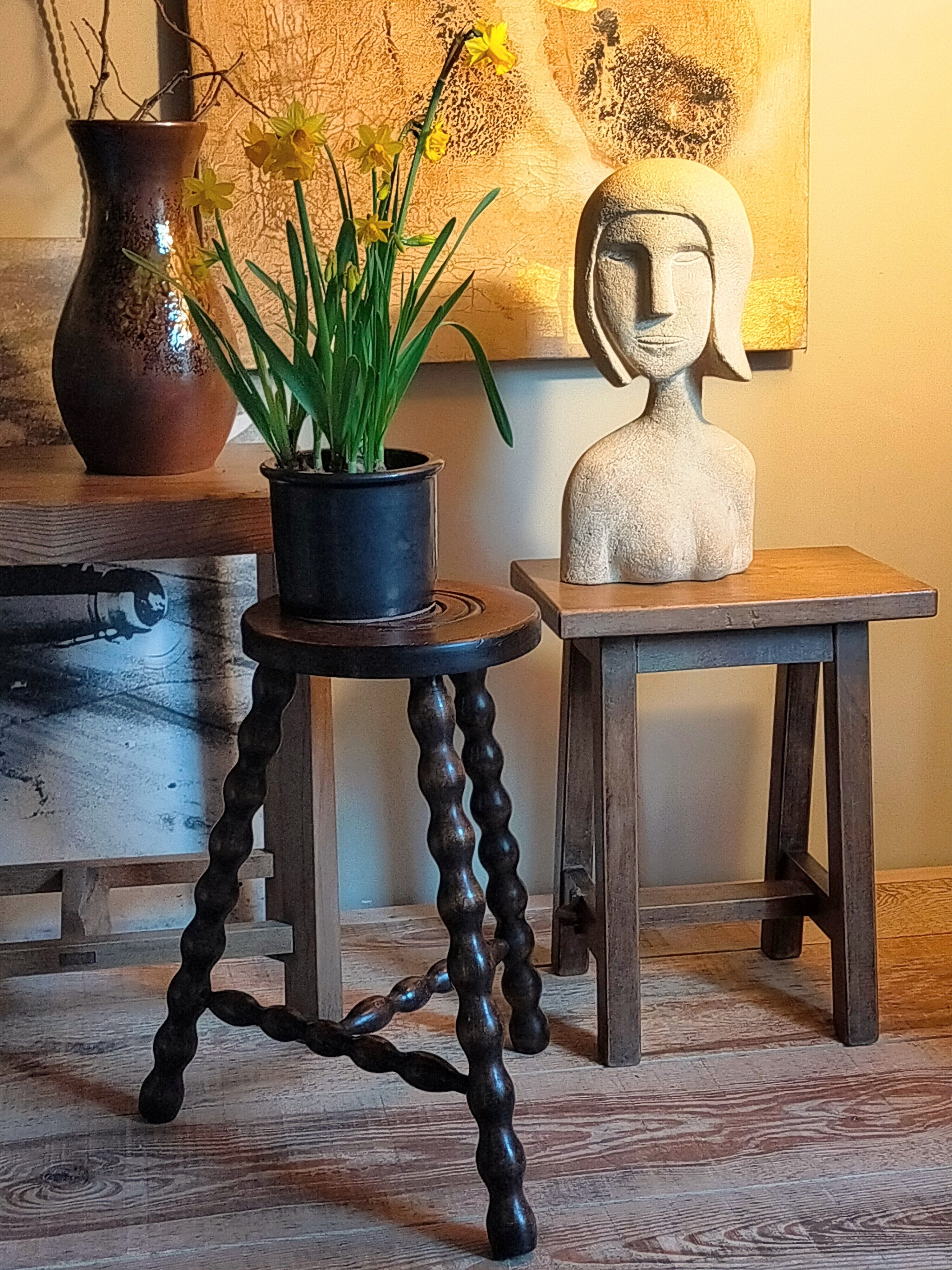 Tripod stool solid wood turned vintage