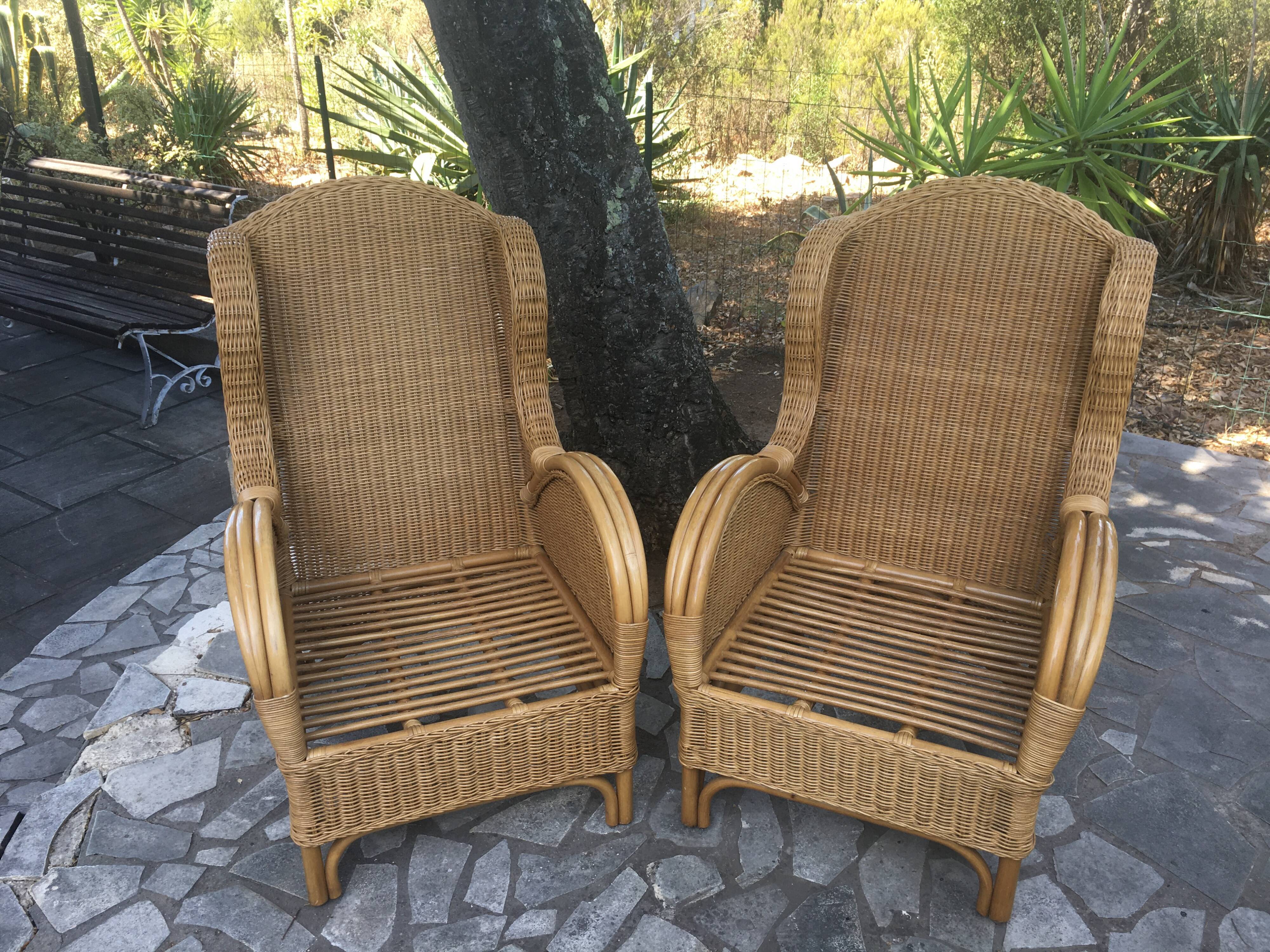 Pair of rattan and bamboo armchairs