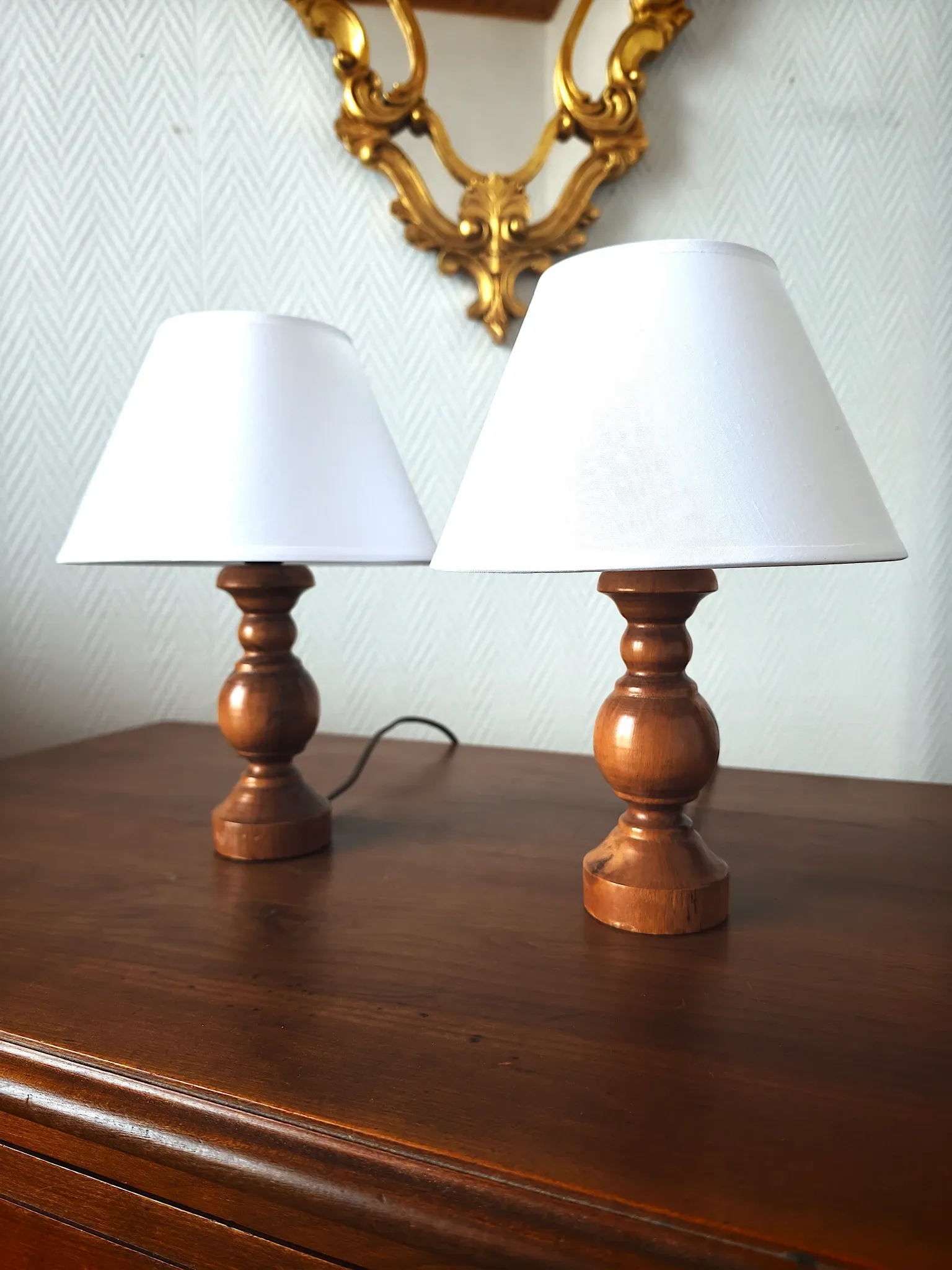 Pair of turned wooden bedside lamps