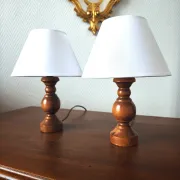 Pair of turned wooden bedside lamps