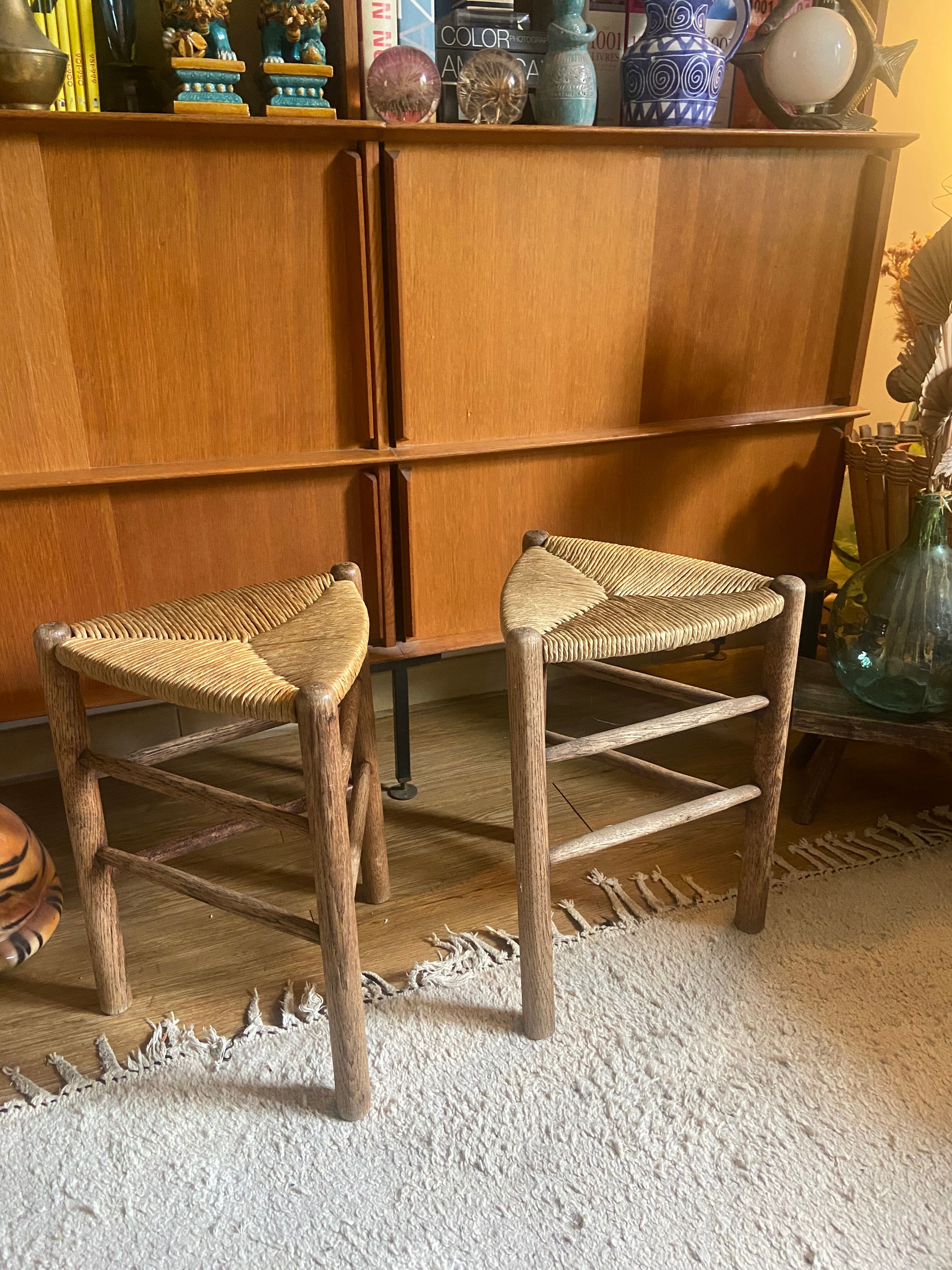 Pair of vintage oak tripod stools