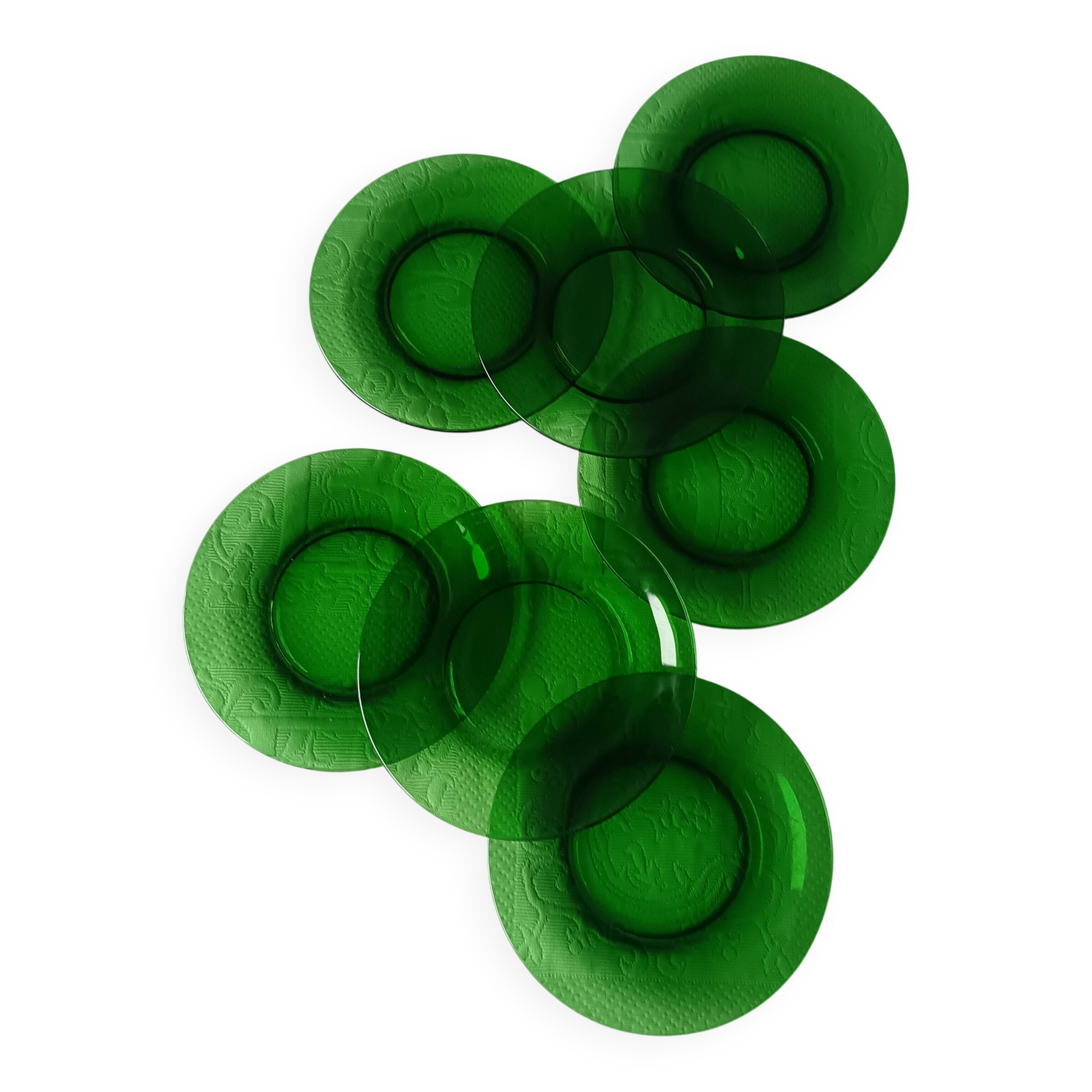 7 green tempered glass dessert plates vereco vintage