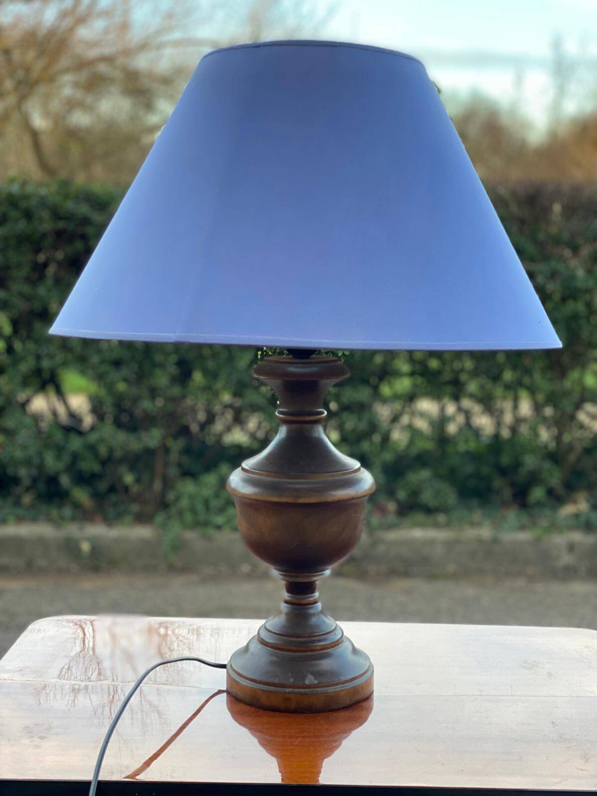 Vintage wooden bedside or table lamp with sky blue lampshade