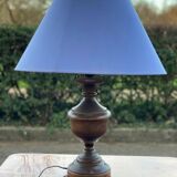 Vintage wooden bedside or table lamp with sky blue lampshade