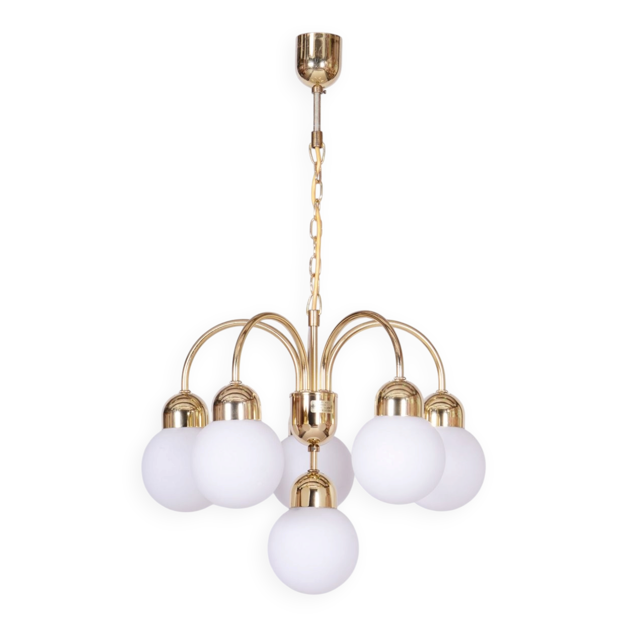 Mid-Century Chandelier in Brass and Opaline Glass, Czech, 1950s
