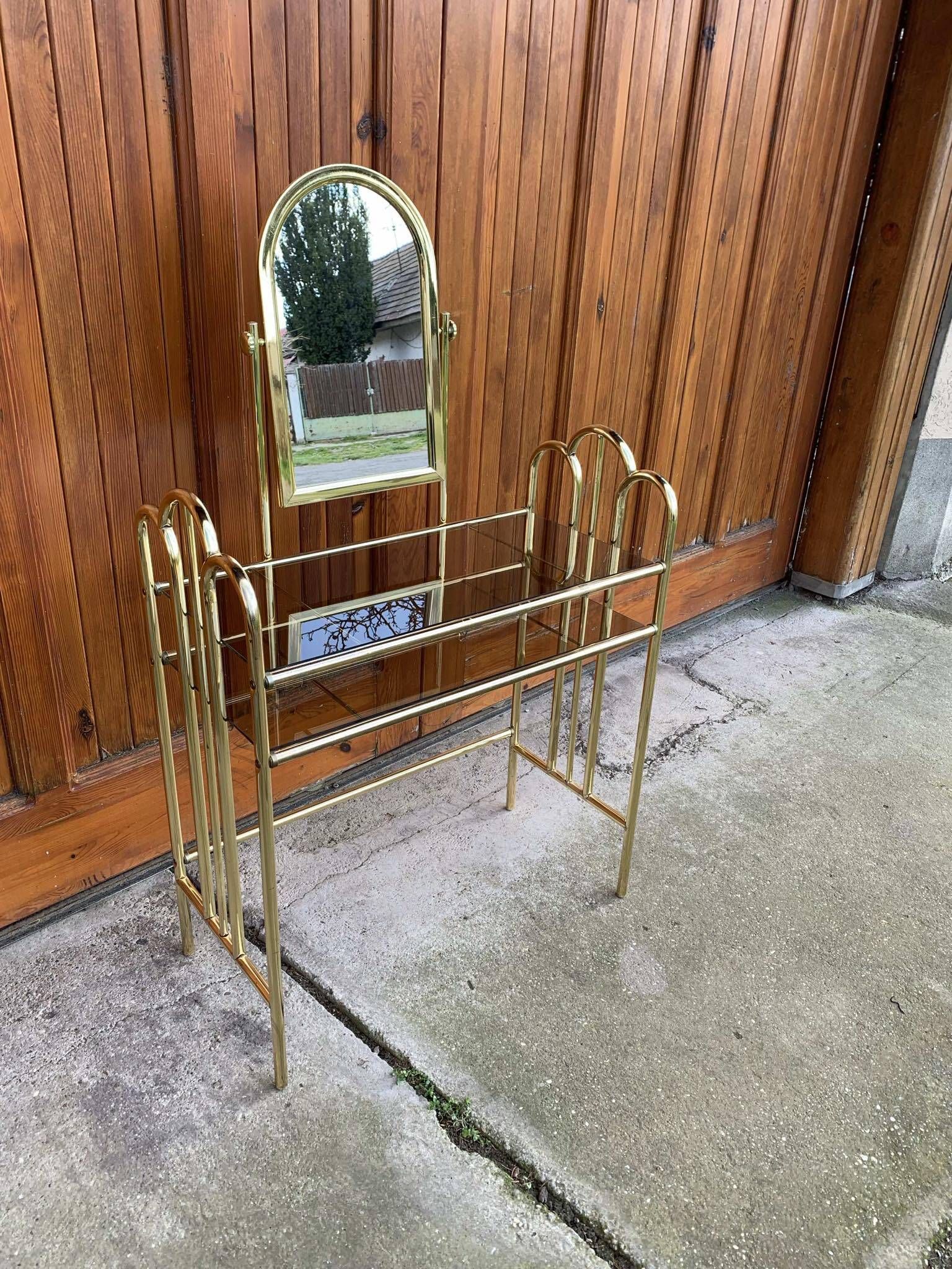 Coiffeuse et tabouret vintage en laiton, années 1950, lot de 2