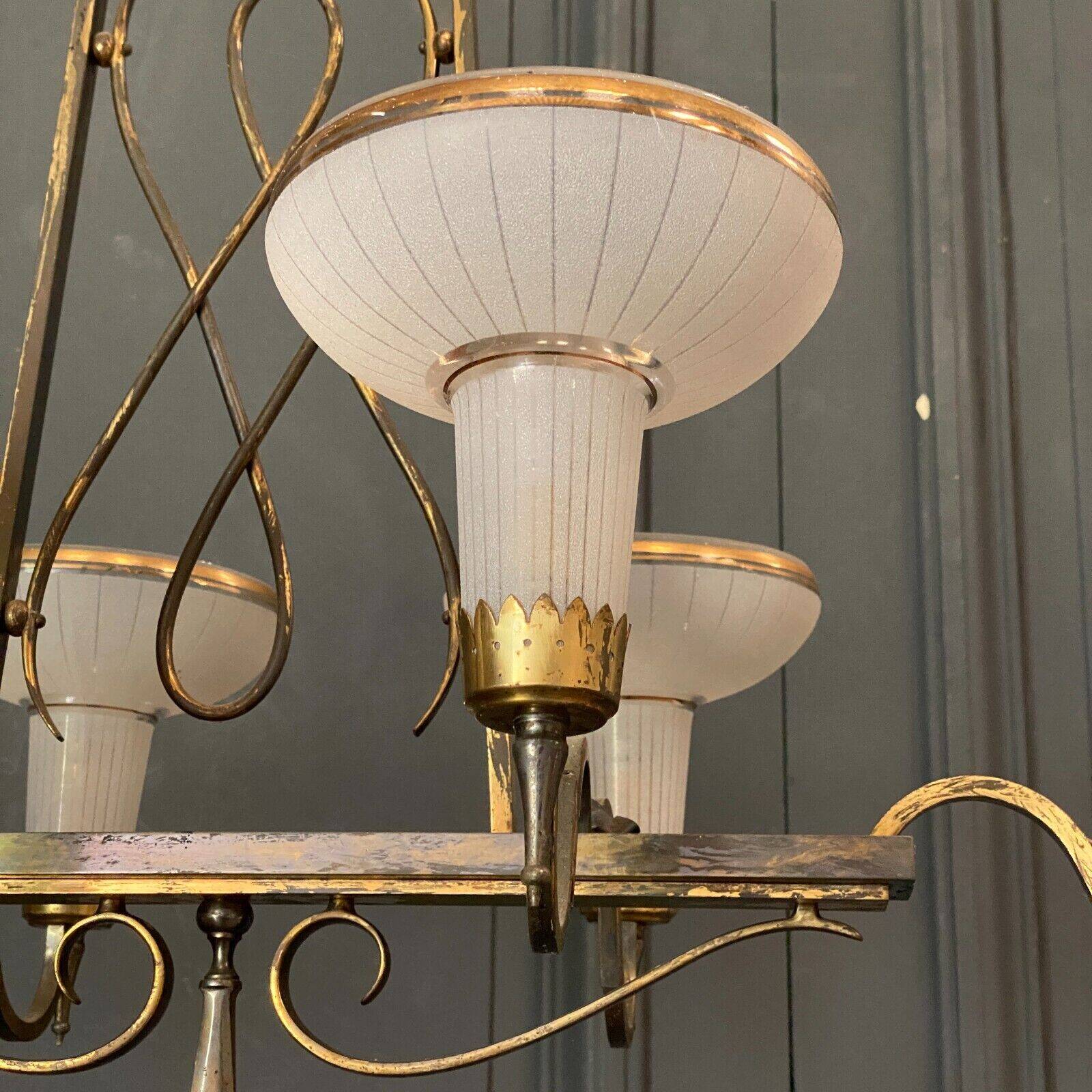 Chandelier in gilded metal 1950 6 lights cut in frosted glass