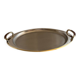Vintage Stainless Steel Serving Tray With Gold Plated Handles