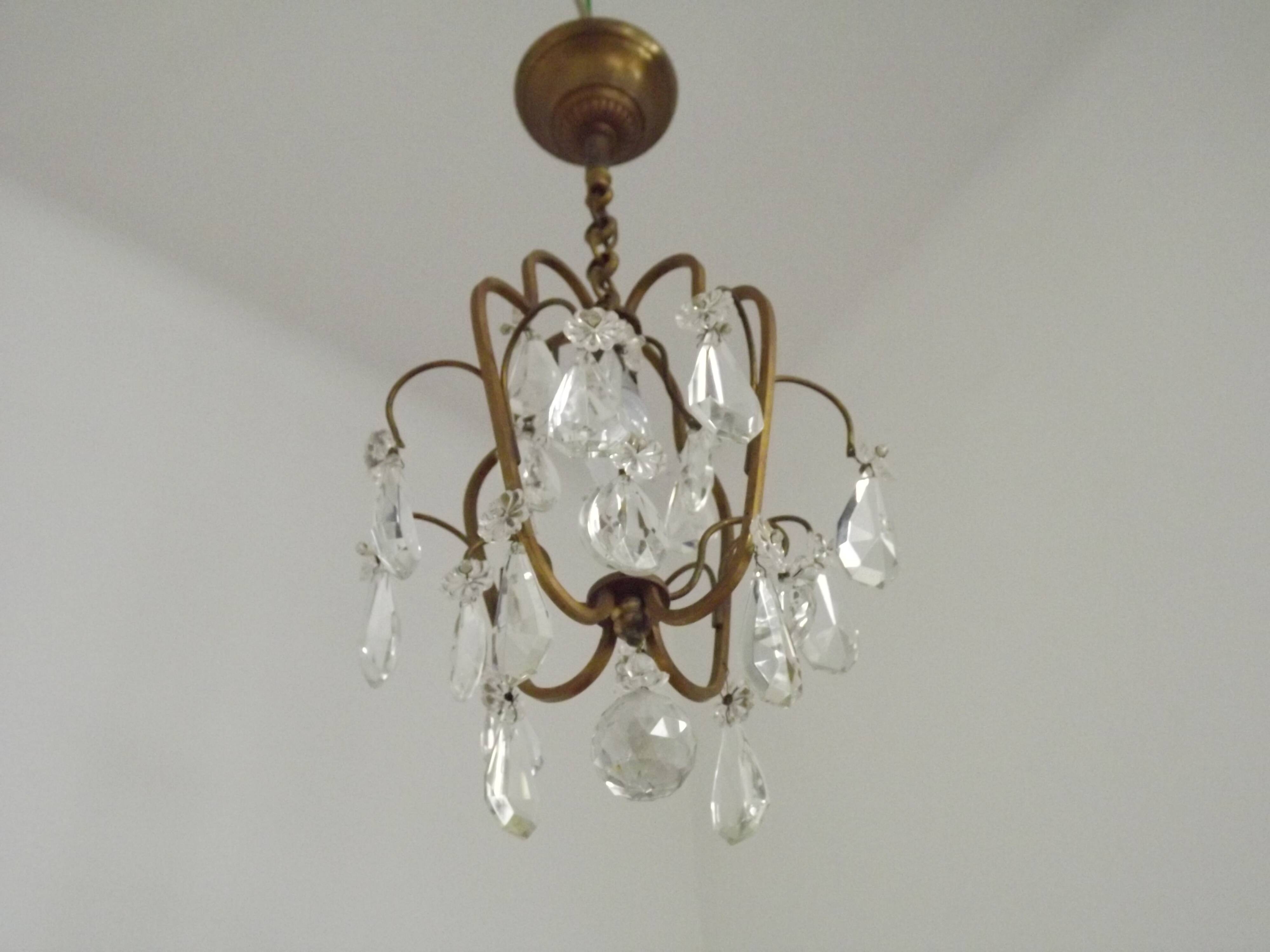 Small French Vintage Brass Single Light 4-Sided Crystal Cage Chandelier