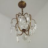 Small French Vintage Brass Single Light 4-Sided Crystal Cage Chandelier