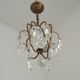 Small French Vintage Brass Single Light 4-Sided Crystal Cage Chandelier