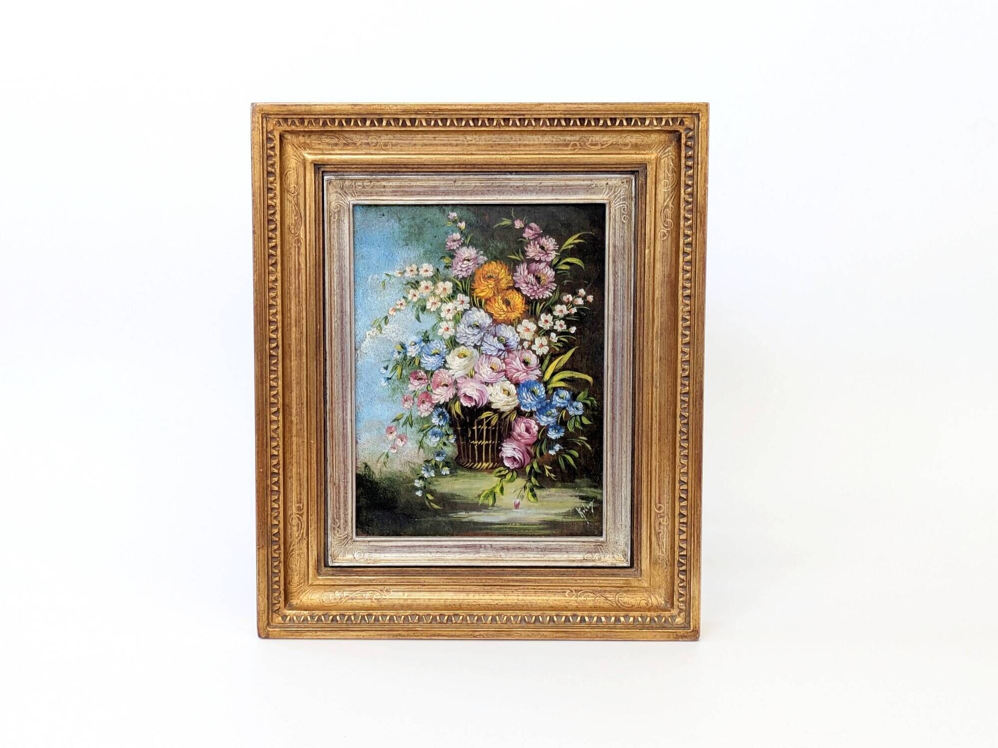 Antique oil painting, bouquet of peonies, ornate gilded frame