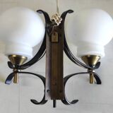 Opaline double globe wall lamp, wrought iron and brass - 50s/60s