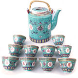 Chinese porcelain tea service with wicker basket
