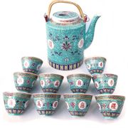 Chinese porcelain tea service with wicker basket
