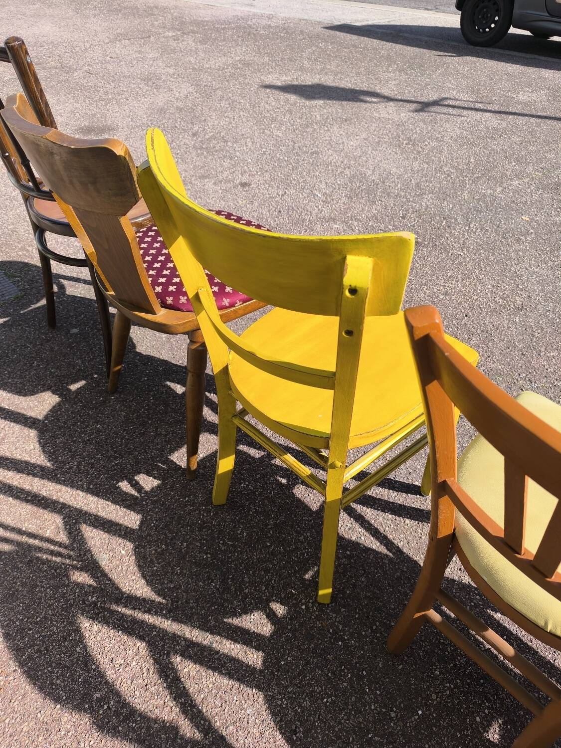 Set of 6 mismatched vintage wooden bistro chairs
