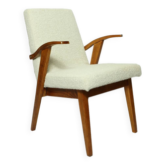 Fauteuil vintage original Mid Century Modern Lounge Chair Tissu Bouclè Fauteuil en bois de hêtre Design scandinave Rembourré Restauré