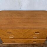 Commode vintage à 3 tiroirs pieds compas en chêne clair