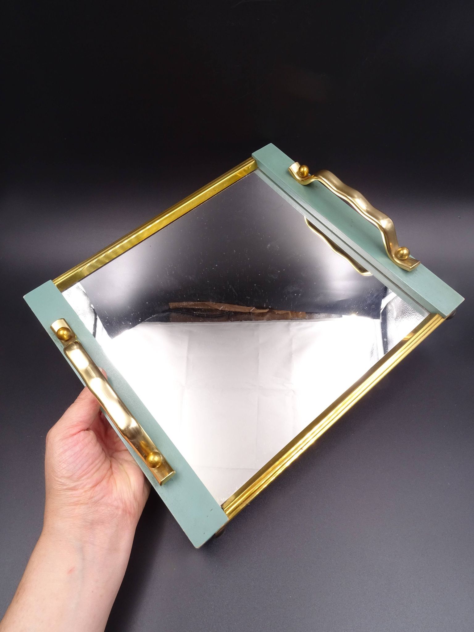 Plateau en bois métal et miroir vers 1950