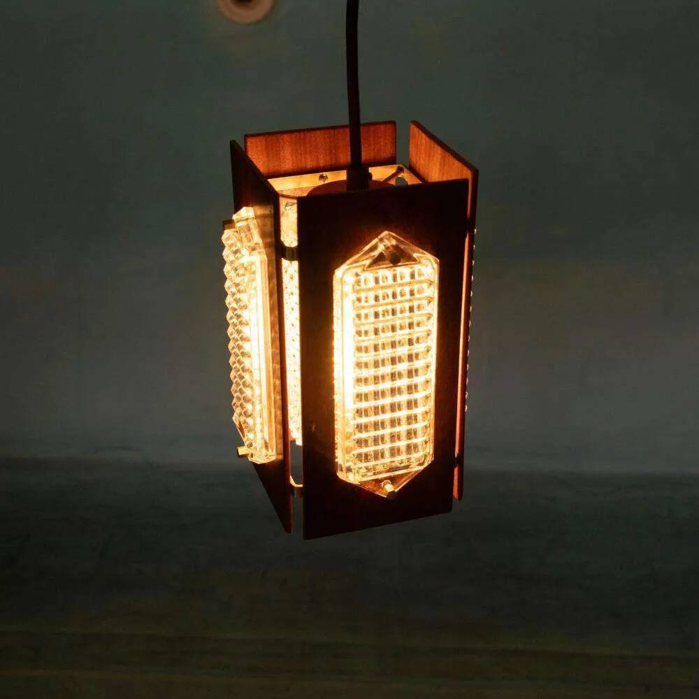 Vintage wooden and glass suspension Flygsfors Facette, glass lamp.