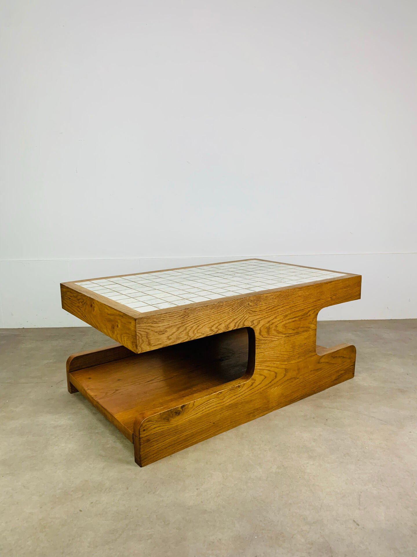 Brutalist coffee table made of solid wood from the 1970s.
