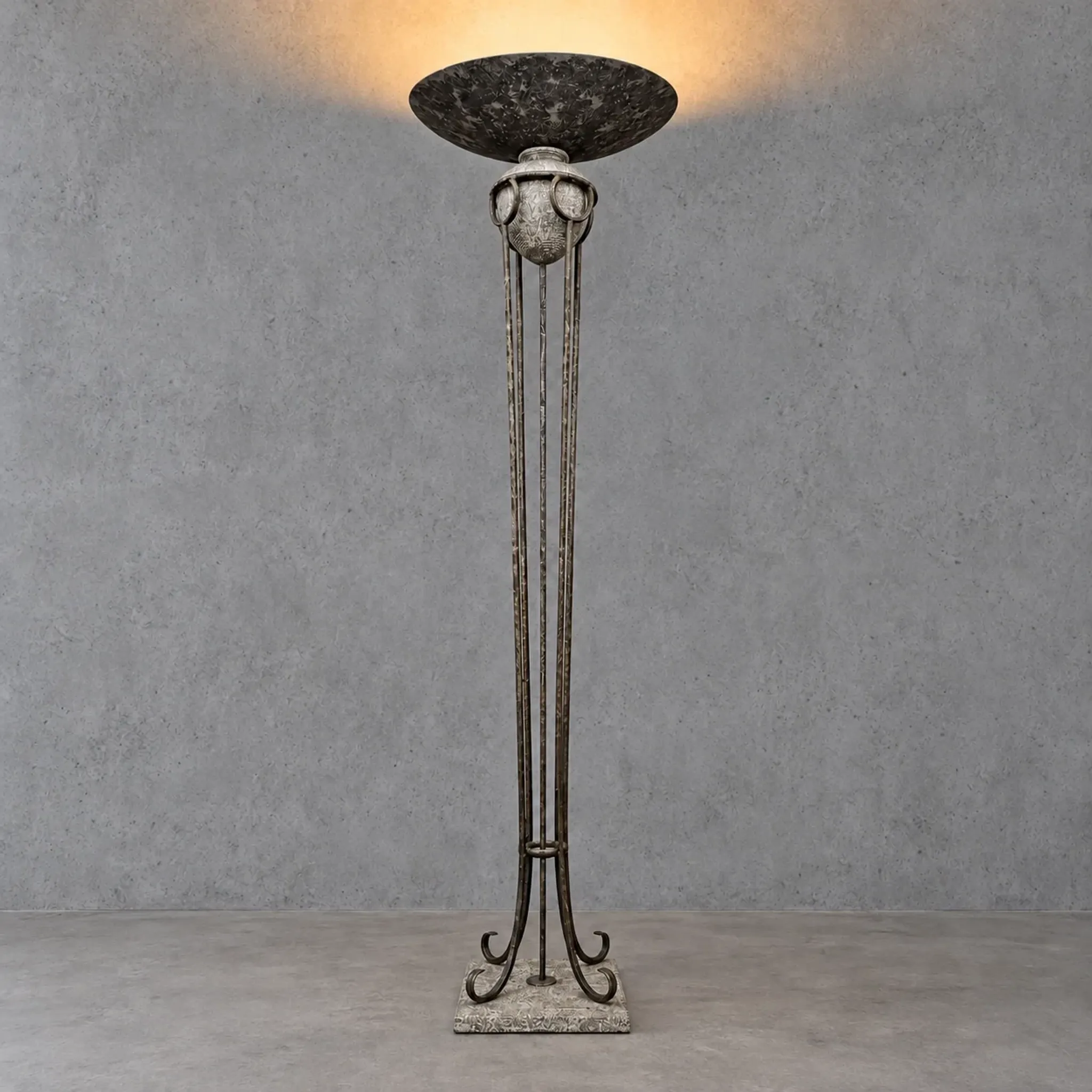Neo classic forged floor lamp / metal shade / stone base / 1970s