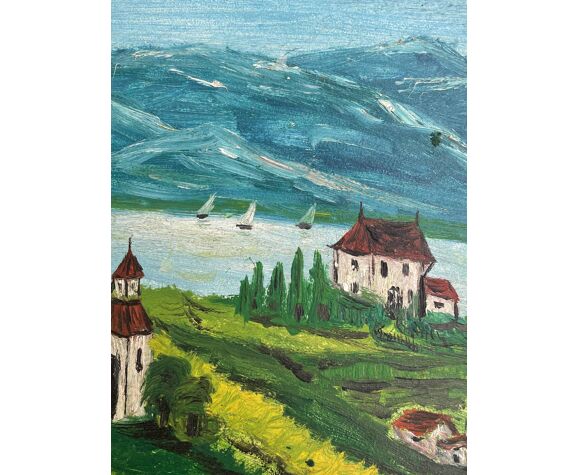 Tableau peinture naïve paysage de montagne signé Bailly XXe