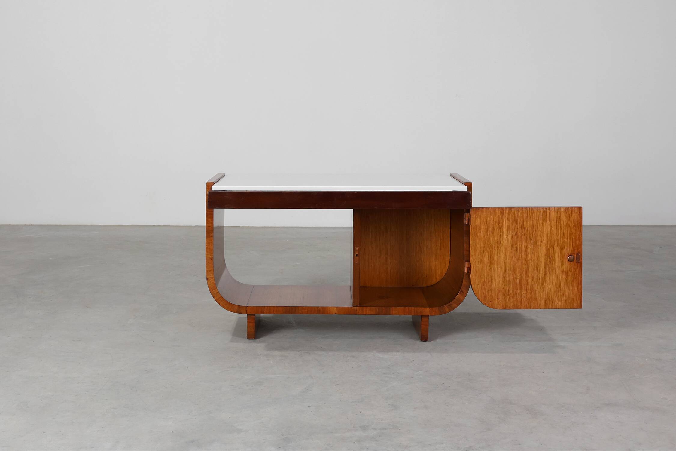 Belgian Art Deco Cabinet in Burl Veneer with Marble and Glass, circa 1930
