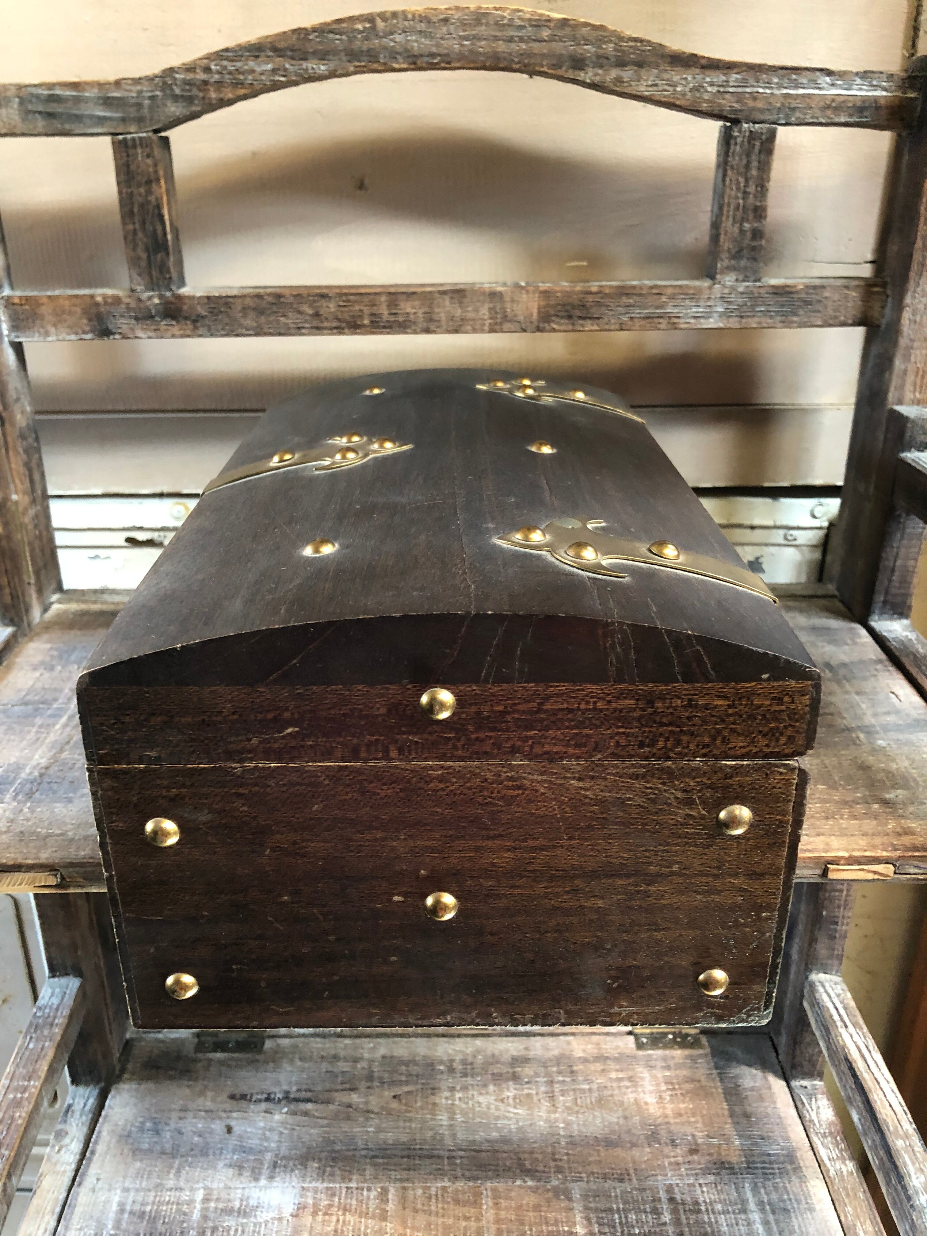 Old Box Storage Wood + Clamoir Metal Gilded Interior Fabric Red Vintage