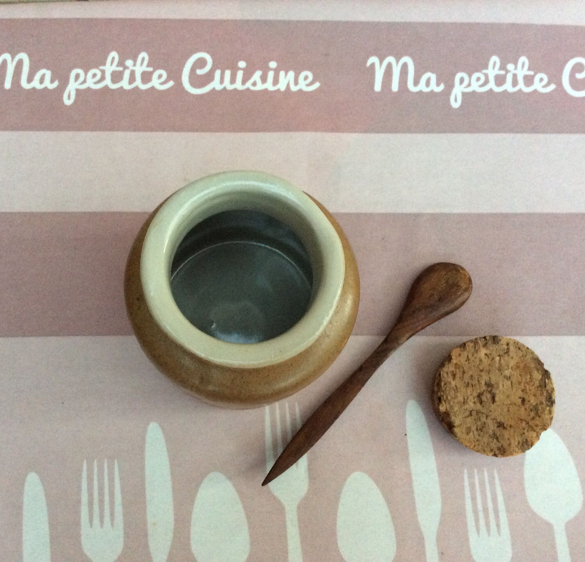 Sandstone mustard pot with cork and olive wood spoon - vintage