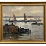 Huile sur carton par Paul Morchain scene de port en Bretagne XXe