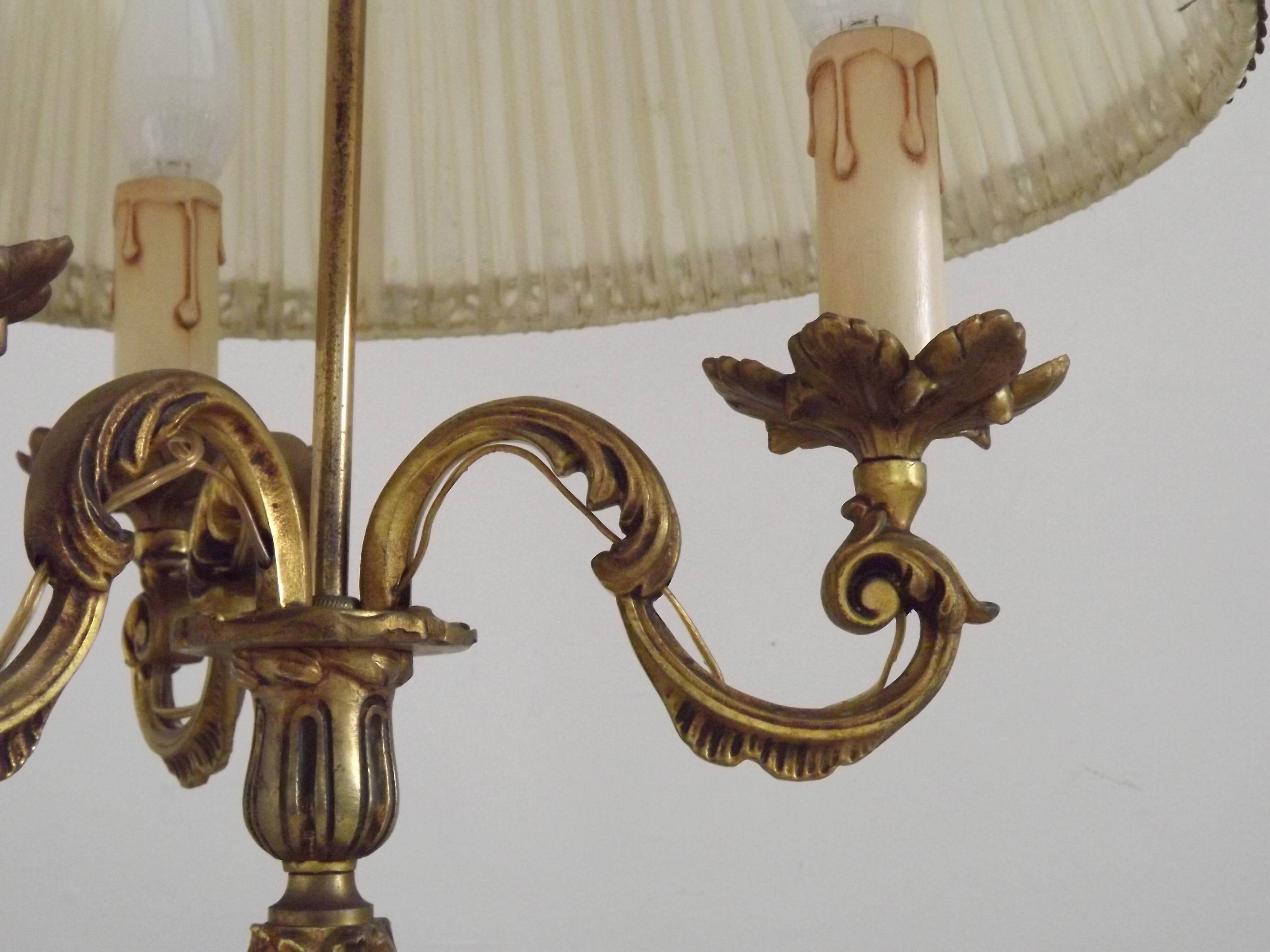 Bronze French Antique Art Nouveau 3-Light Candelabra Lamp Pleated Shade