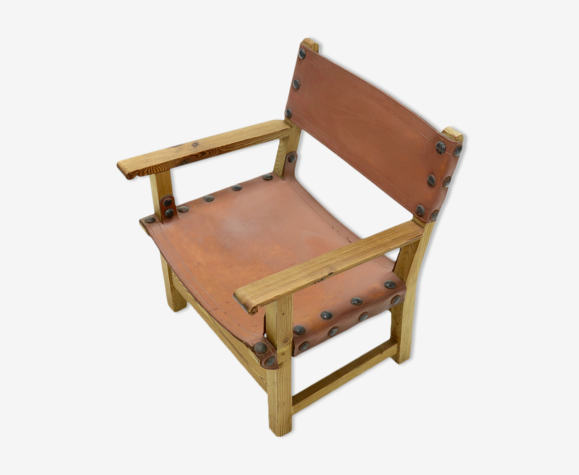 Brutalist Armchair in Pine and Cognac Leather 1960s