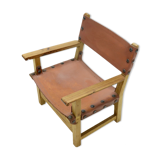 Brutalist Armchair in Pine and Cognac Leather 1960s