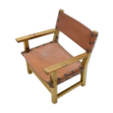 Brutalist Armchair in Pine and Cognac Leather 1960s