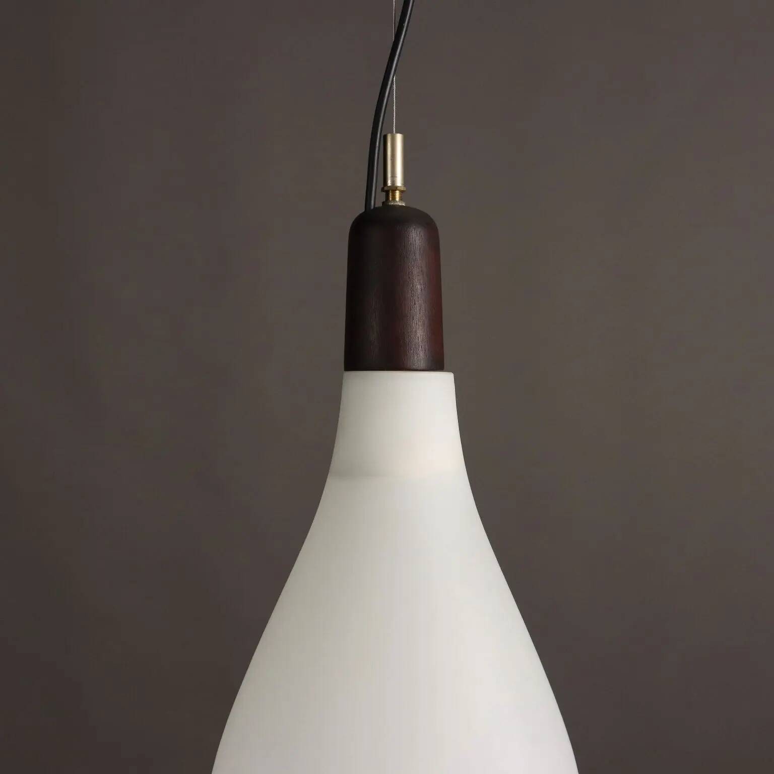 Vintage opaline glass and teak suspension, Italy, 1960s.