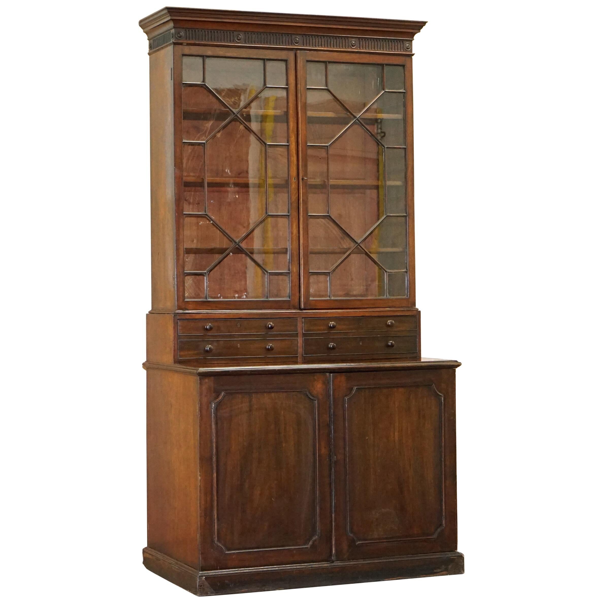 Bibliothèque George IV circa 1820 en bois dur avec tiroirs et vitrage astral