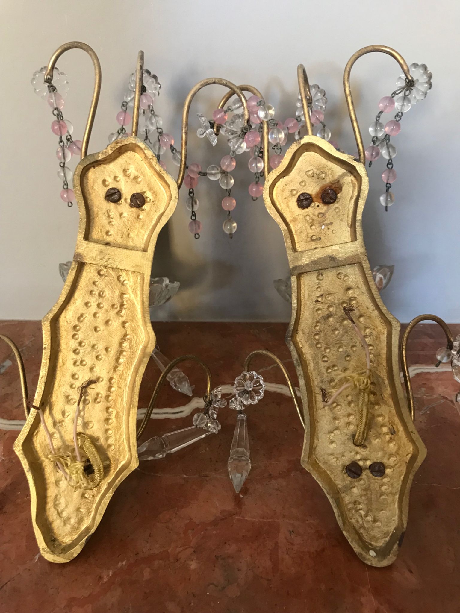 Pair of glass wall sconces with crystal drops