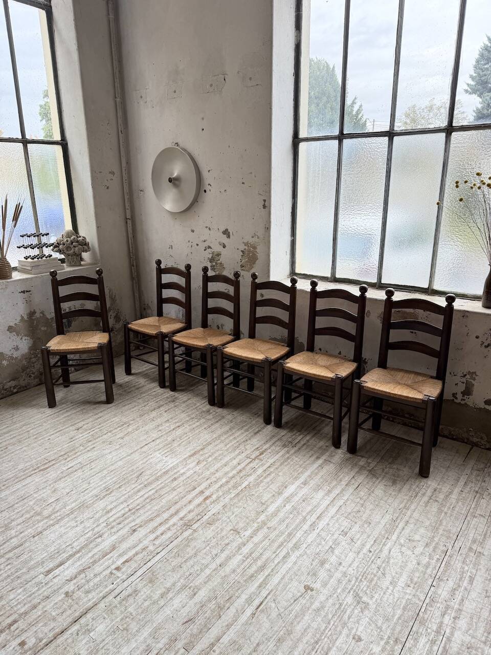 Straw chairs oak 1940s Dudouyt