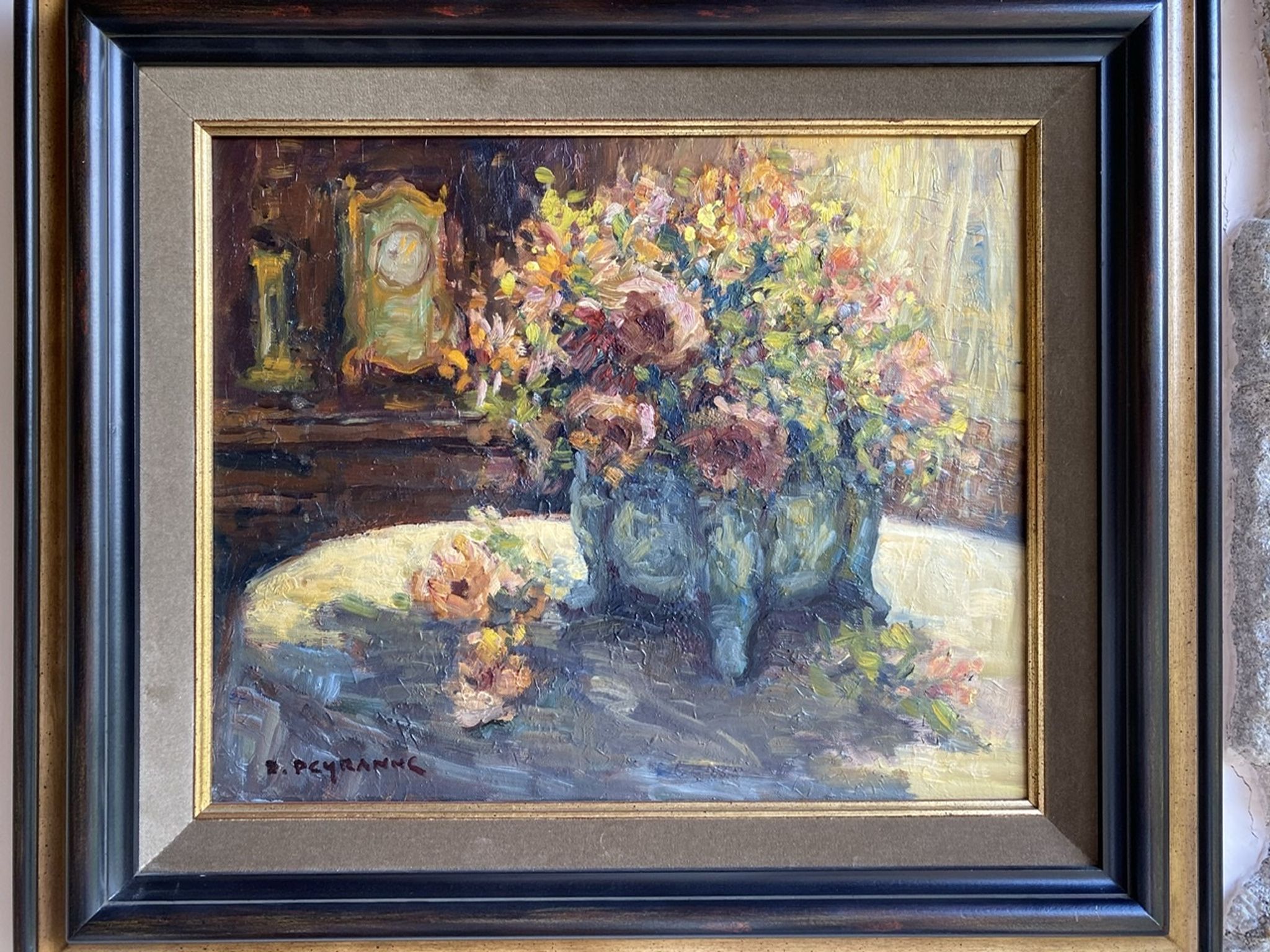Ancient painting, Still Life with Flowers and Cartel Pendulum, signed, 20th century