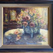 Ancient painting, Still Life with Flowers and Cartel Pendulum, signed, 20th century