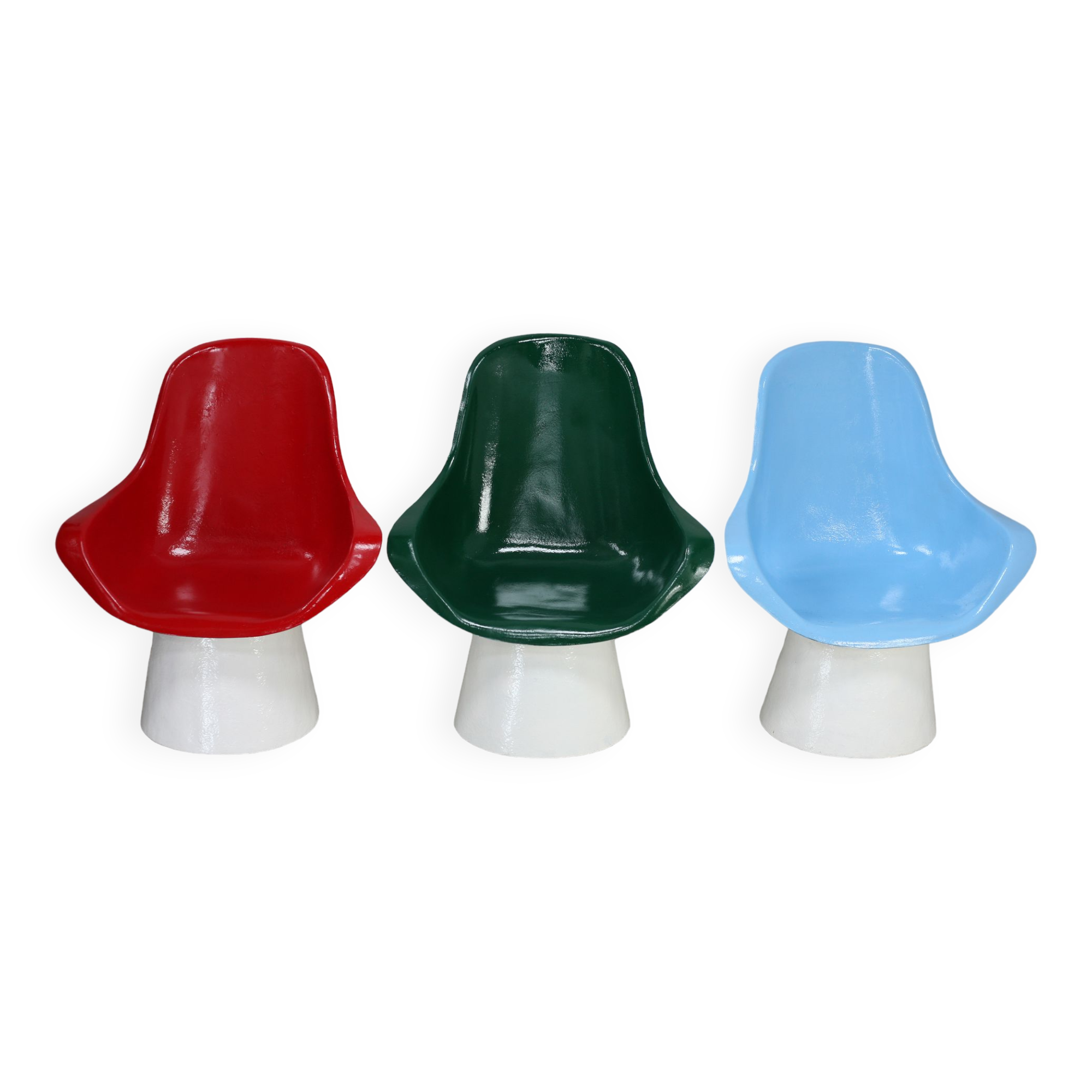 3 painted fiberglass “space age” armchairs. France, circa 1970