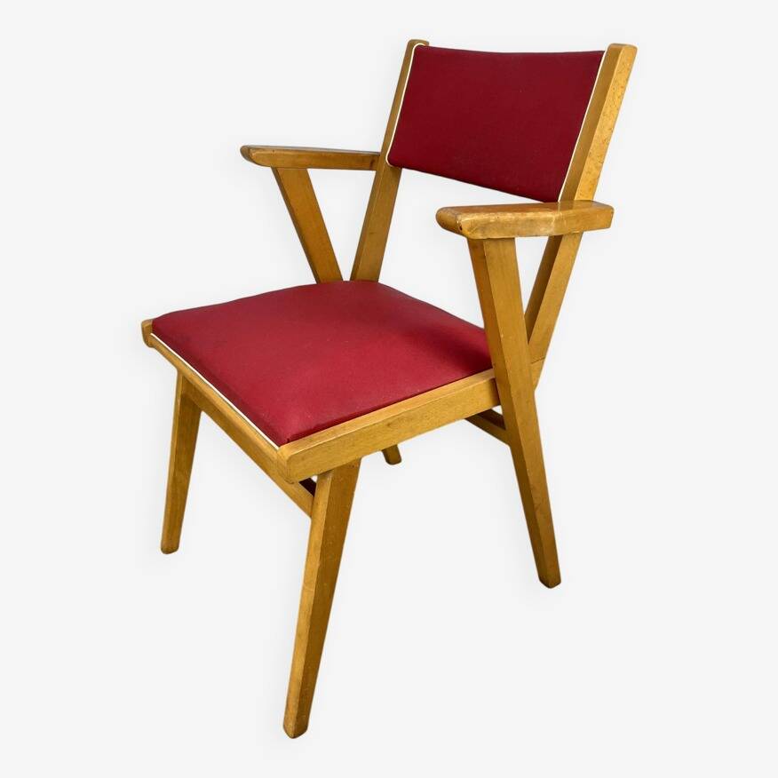 1950s bridge armchair, wood and red imitation leather