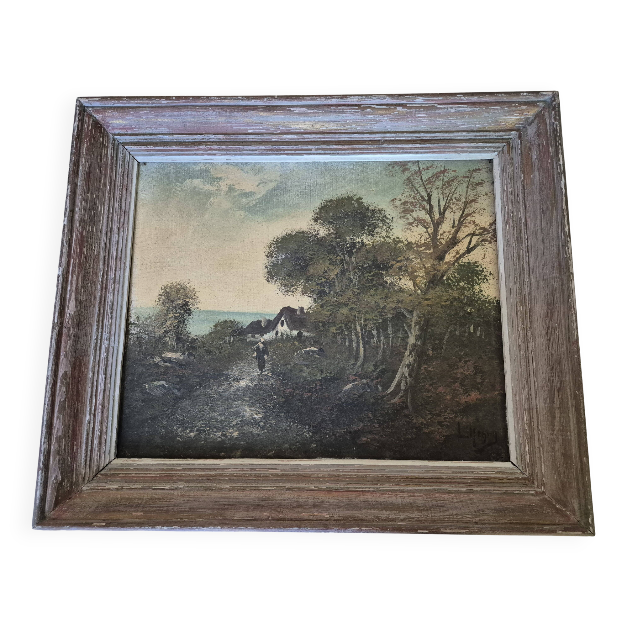 Painting depicting a landscape, forest by the sea.