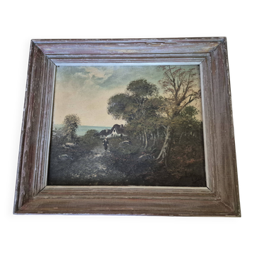Painting depicting a landscape, forest by the sea.