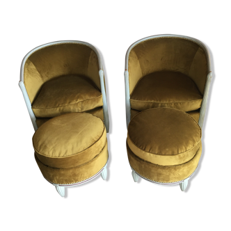 Set of 2 armchairs and 2 pure assorted poufs 1930